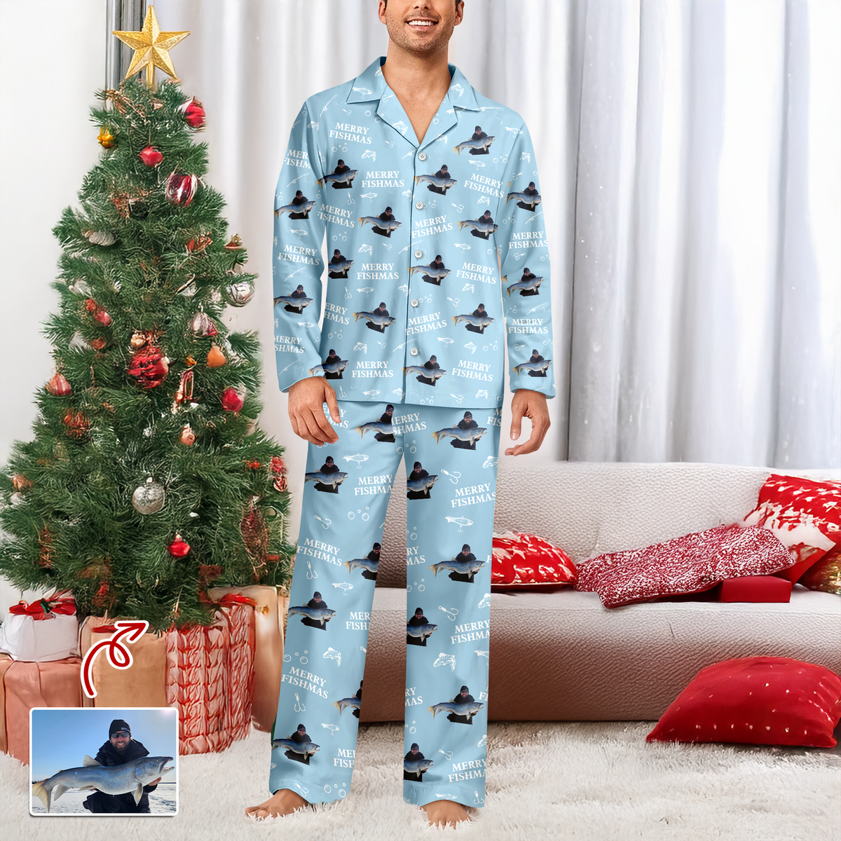 Custom Photo Merry Fishmas Pajamas Christmas Gift For Fishing Lovers, Fisherman HA75 898252