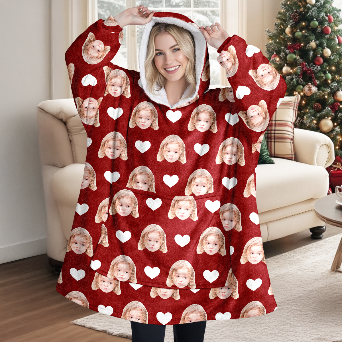 Custom Photo Face And Heart Icon Hoodie Blanket HA75 898286