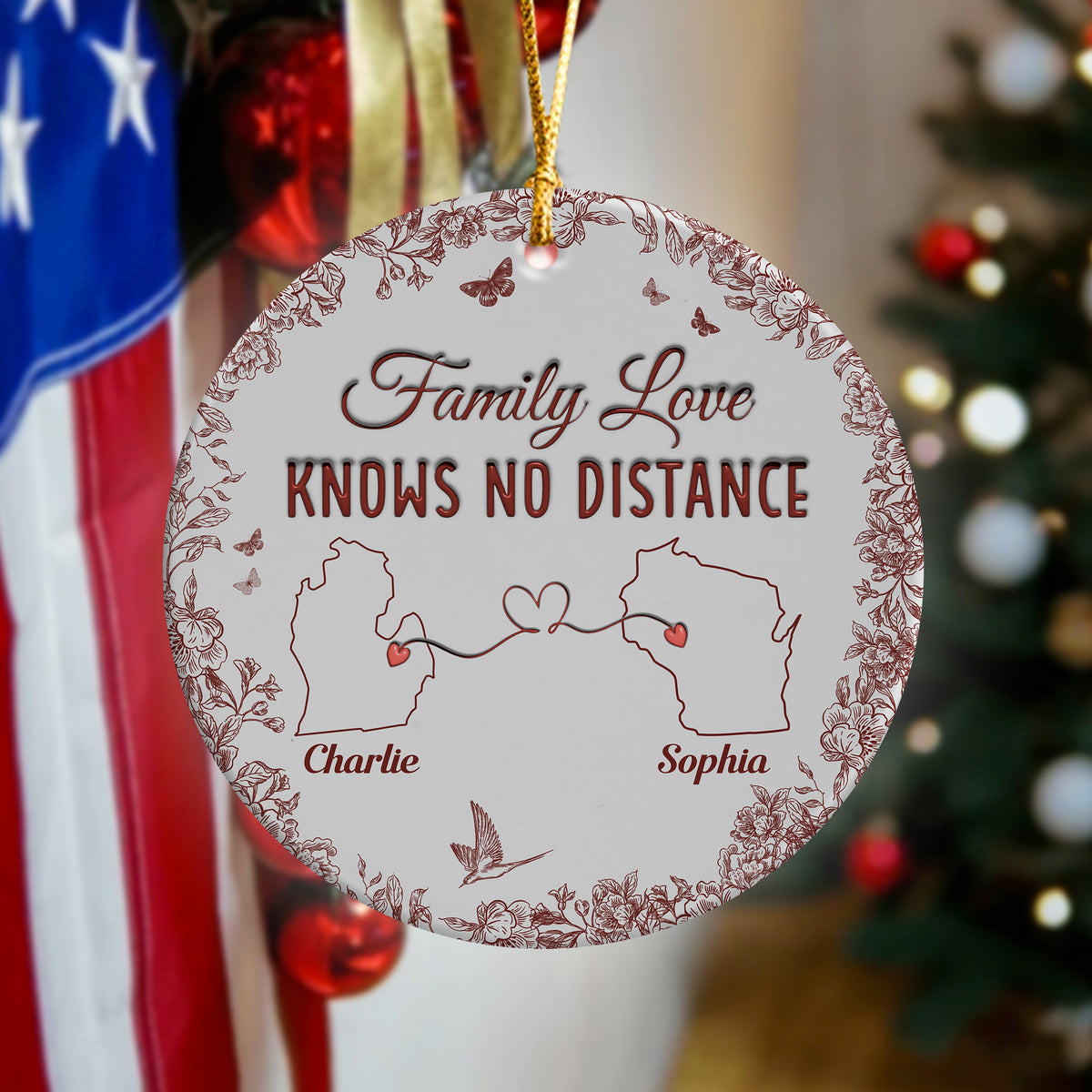 Family Love Knows No Distance Toile De Jouy Style Personalized 3D Inflated Effect Ceramic Ornament HO82 894746