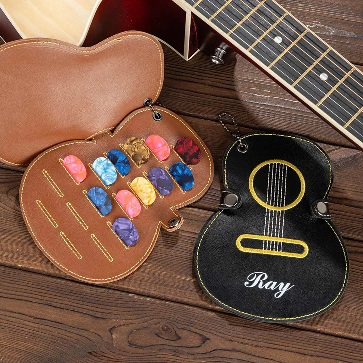 Personalized Guitar-Shaped PU Leather Guitar Picks Storage Case And Key Ring Gift for Guitar Player HA75 898500