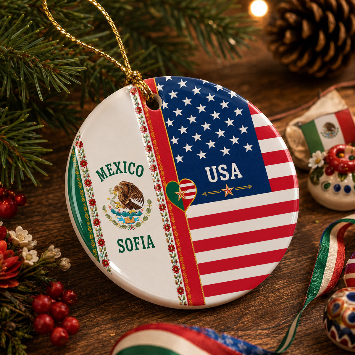 Custom Name Mexican American Flag Ceramic Ornament, Patriotic Gift for Mestizo CH07 180392