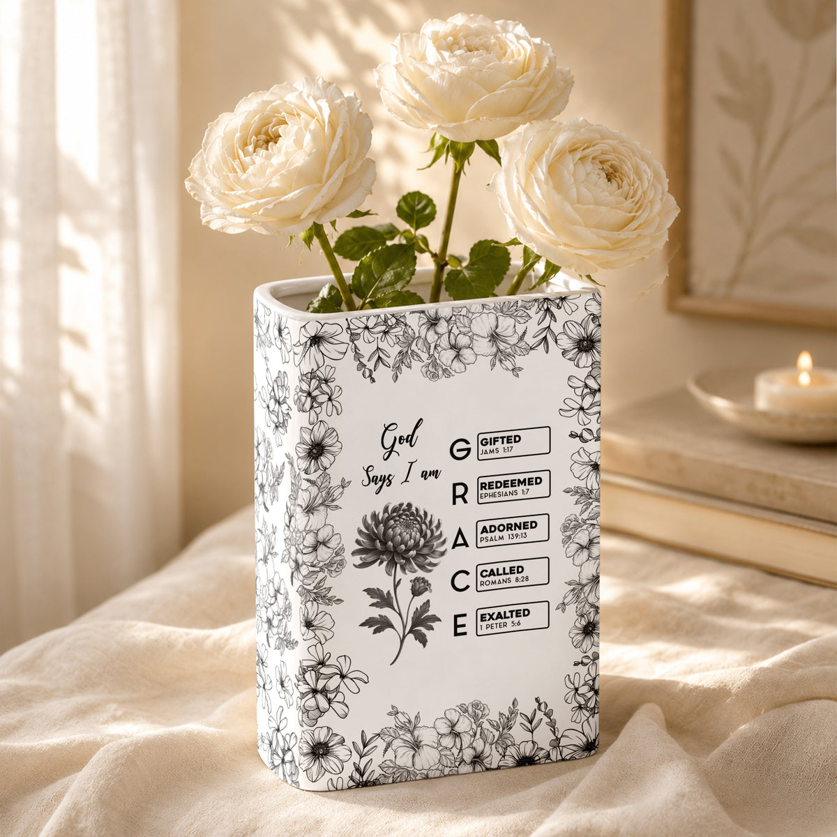 God Says I Am Name Letter In Bible Toile De Jouy Style - Personalized Book Vase TH10 170659