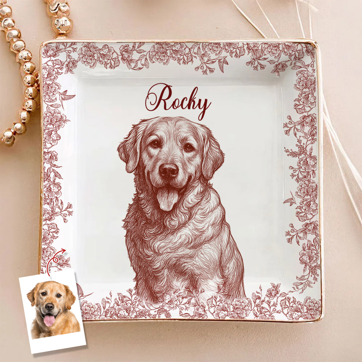 Custom Photo Dog Cat Toile De Jouy Style Jewelry Dish HA75 898320
