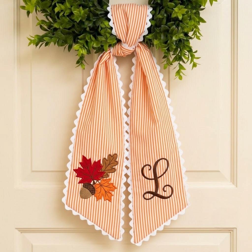 Personalized Embroidered Initial Fall Autumn Leaf Season Wreath Sash LM32 669759