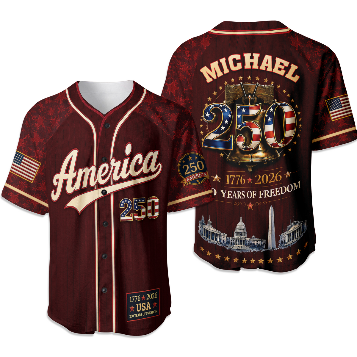 Custom Name US 250 Years of Freedom 1776-2026 Baseball Jersey CH07 911812