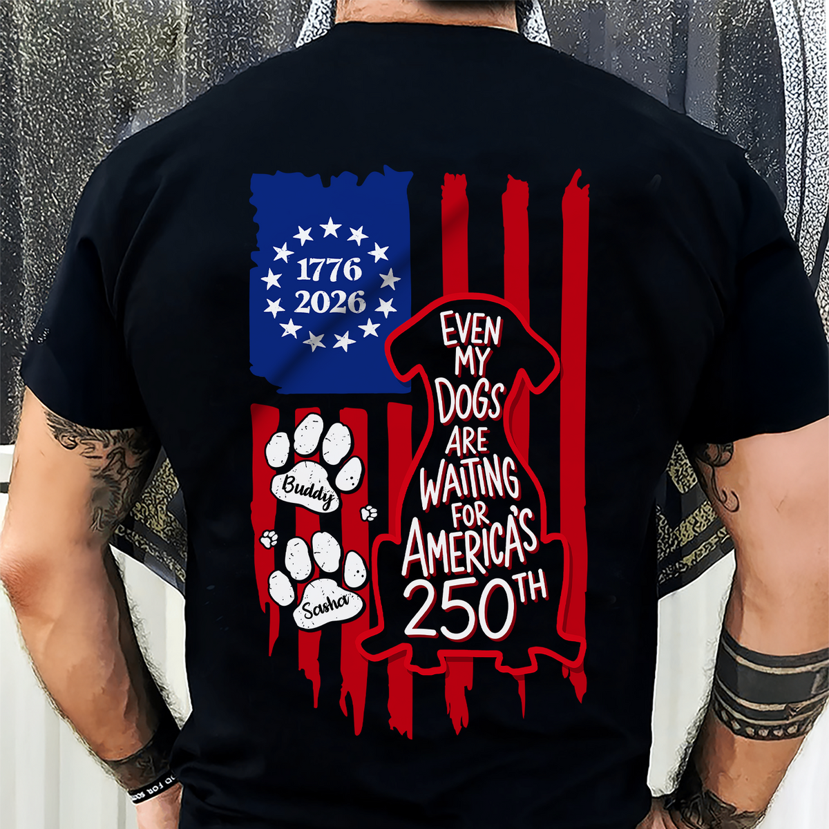 Personalized Even My Dog Is Waiting For America's 250th With US Flag Back Dark Shirt - Gift For Dog Lovers HO82 902864