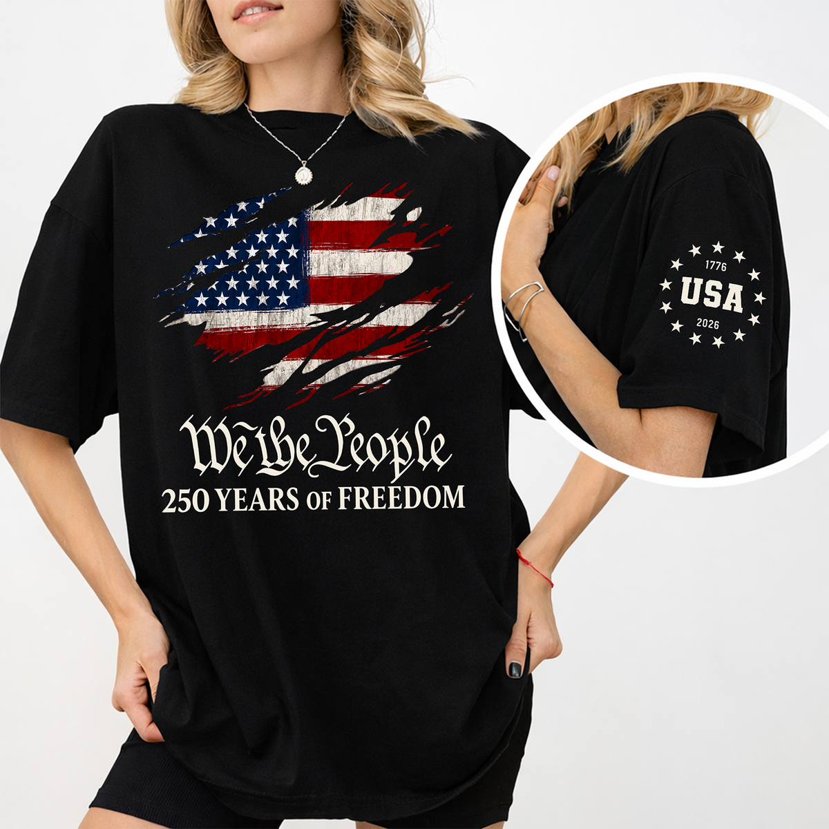 We The People 250 Years of Freedom 1776-2026 America Flag Sleeve Tee Shirt - Patriotic Gift LM32 669353