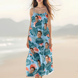 Custom Human Photo Hawaiian Style Women's V-Neck Cami Maxi Dress For Summer Beach Holiday HO82 893596