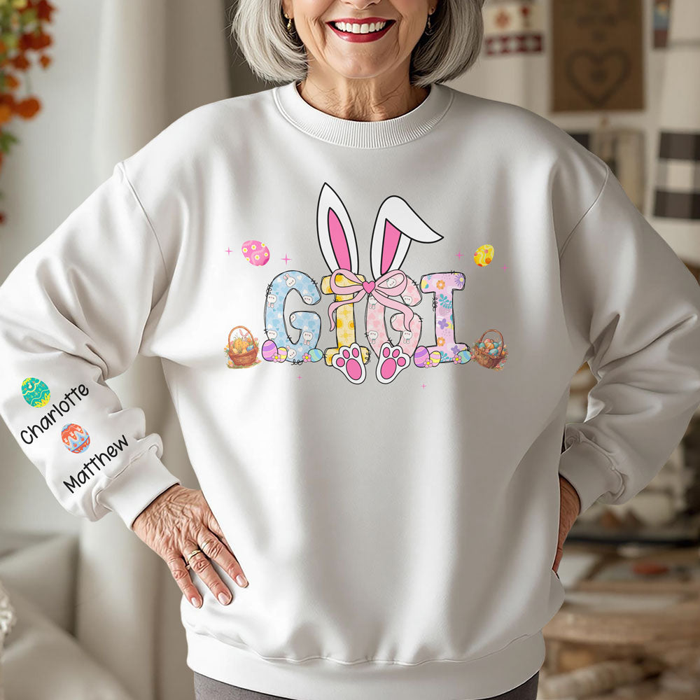 Easter Bunny Coquette Bow Gift For Family Custom Grandma And Kids Name on Sleeves Sweatshirt CH07 895352