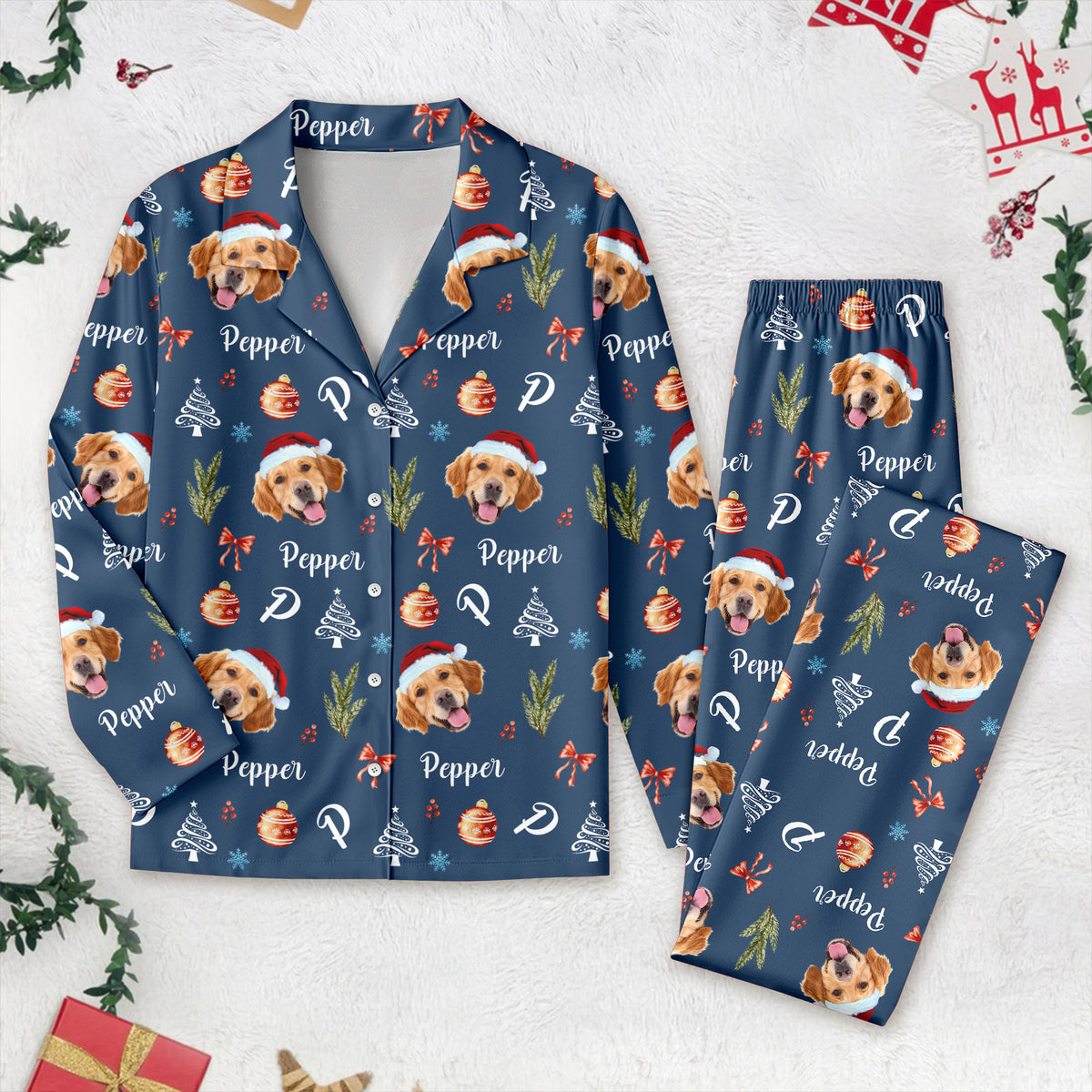 Custom Photo Santa Claus Pine Tree Snowflakes Long Pajamas LM32 895635