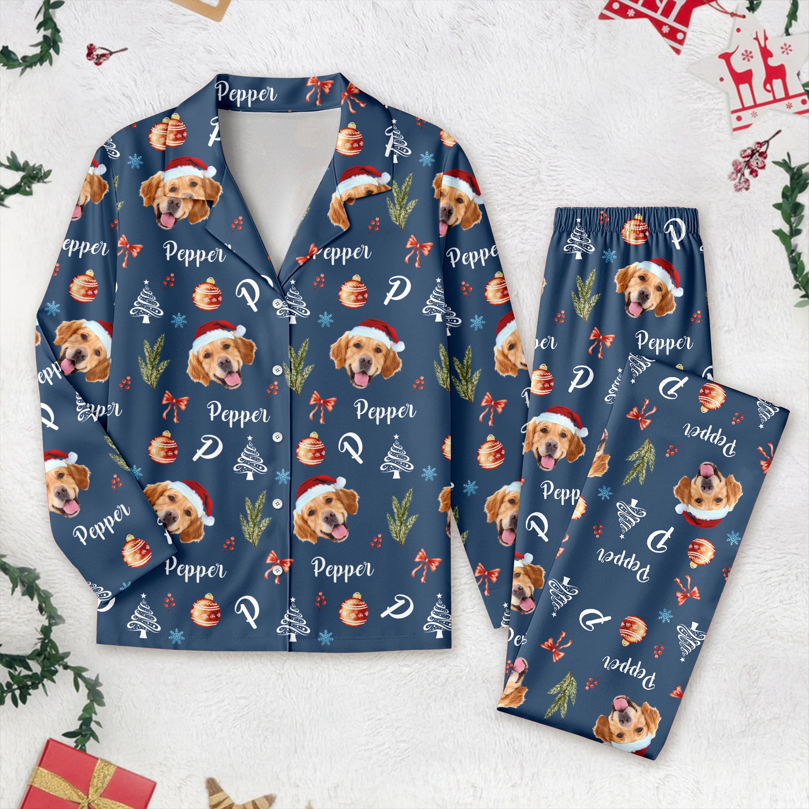 Custom Photo Santa Claus Pine Tree Snowflakes Long Pajamas LM32 895635