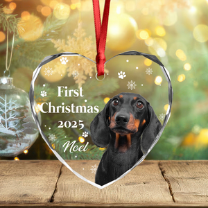 First Christmas With Cute Puppy And Snowflakes Custom Dog Photo Heart Glass Ornament CH07 896390