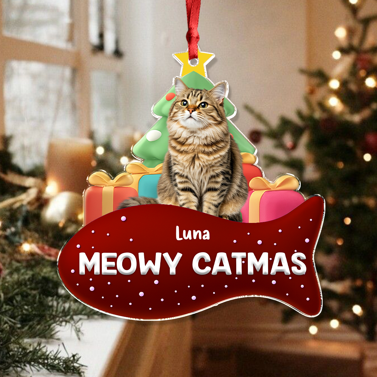 Custom Cat Photo Meowy Catmas 3D Effect Christmas Acrylic Ornament LM32 895919