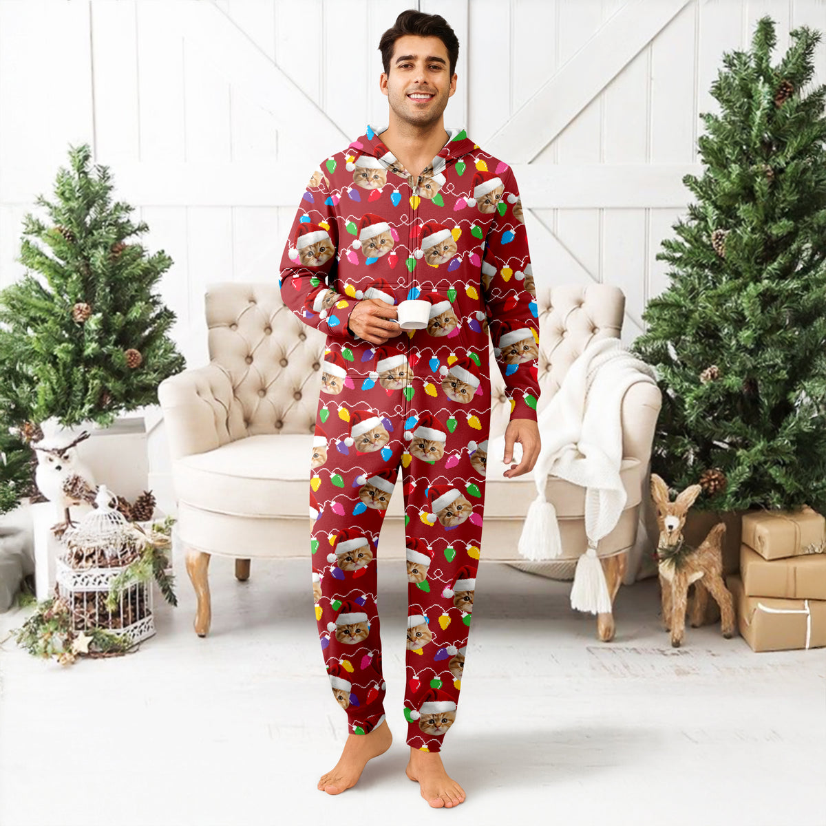 Custom Cat Face Photo With Colorful Christmas Lights Onesie Pajamas HO82 900202