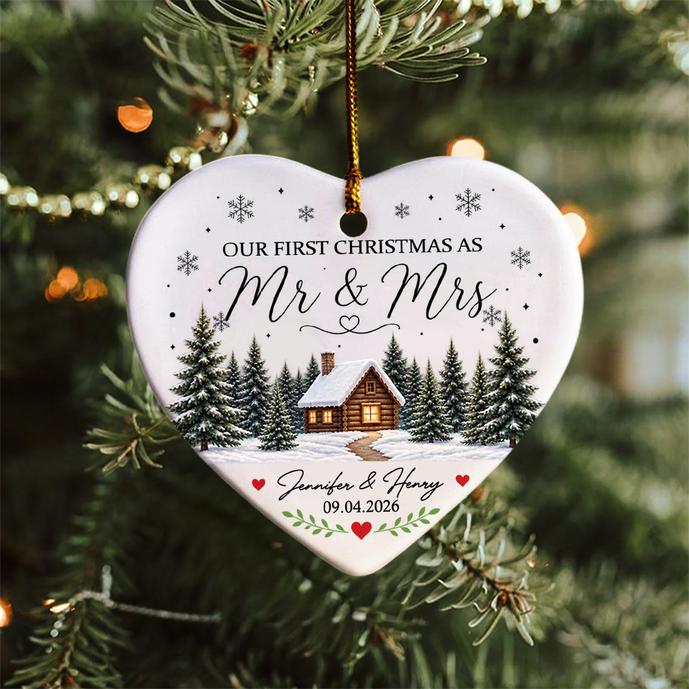 Custom Name Winter Cabin Our First Christmas As Mr & Mrs Married Ceramic Ornament, Newlywed Gift LM32 669871