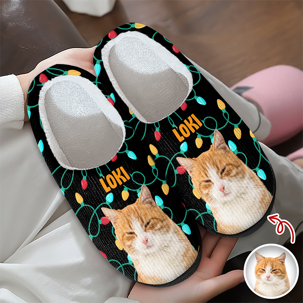 Custom Photo Cat Christmas Lights Slippers Unique Funny Gift HA75 897694
