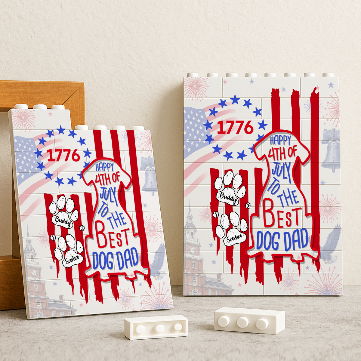 Custom Name Happy 250th Birthday To Best Dog Dad Dog Mom America Flag Building Brick Block LM32 669329