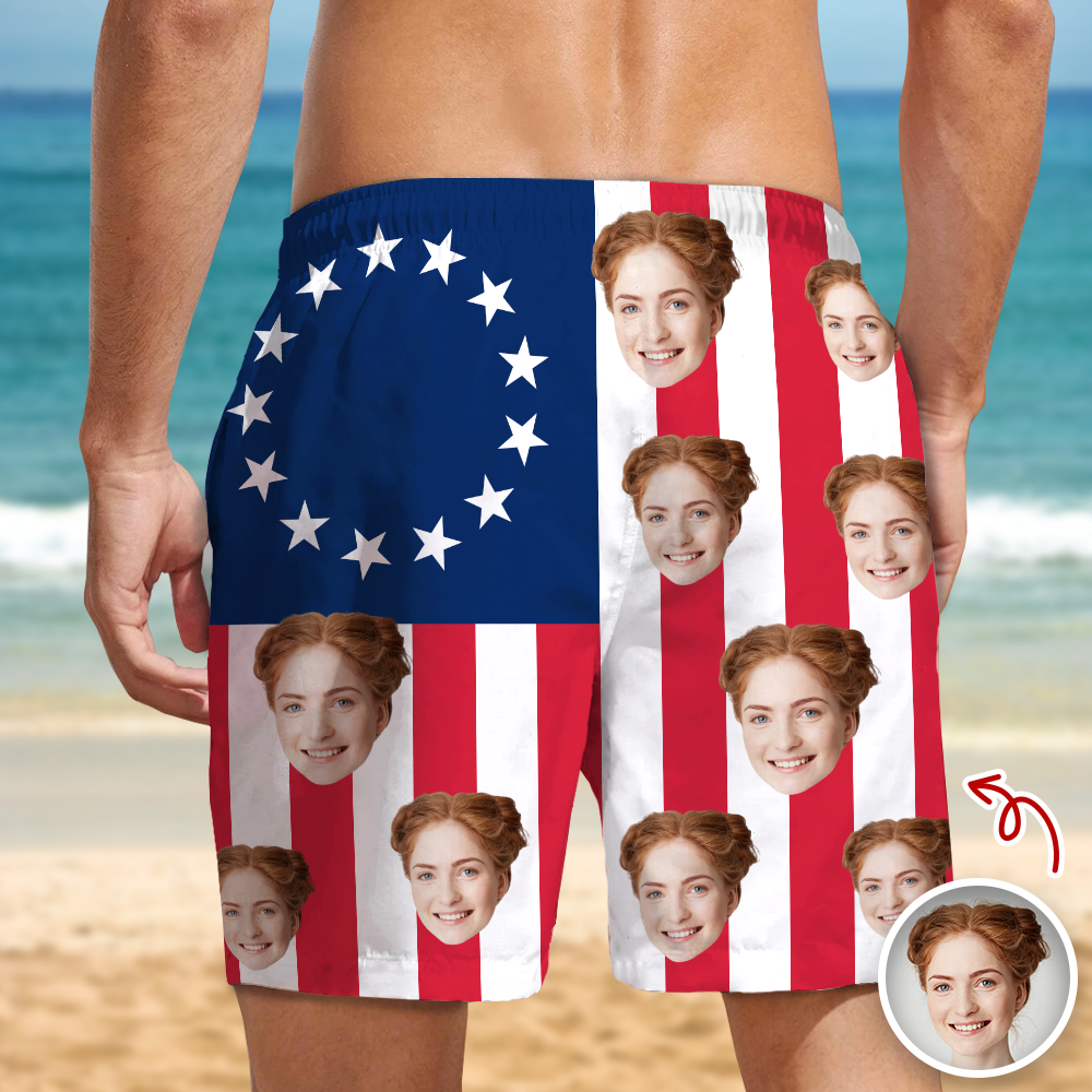 Custom Funny Face American Flag Beach Shorts - Personalized Summer Gift LM32 899873