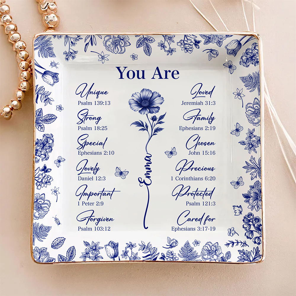 God Says You Are Christian Gift Toile De Jouy Birth Flower - Personalized Jewelry Dish TH10 894793