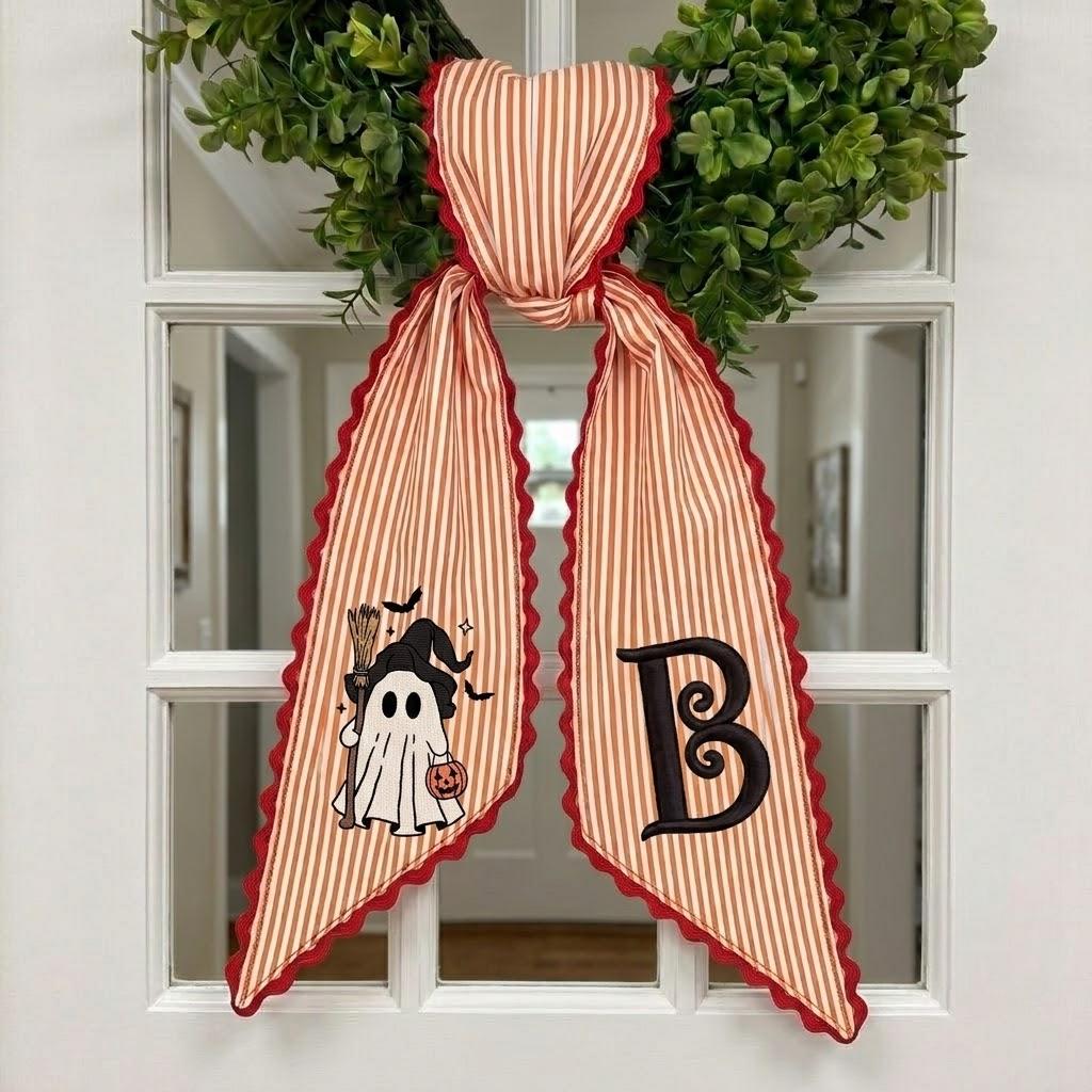 Personalized Embroidered Initial Halloween Ghost Seasonal Wreath Sash LM32 669757