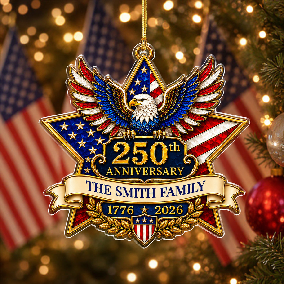 Custom Family Name American Pride 250th Anniversary Acrylic Ornament, USA Flag Eagle Keepsake CH07 180356