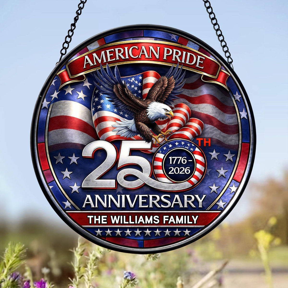 Custom Family Name American Pride Patriotic 250th Anniversary Eagle 1776–2026 Stained Glass Suncatcher HO82 901486
