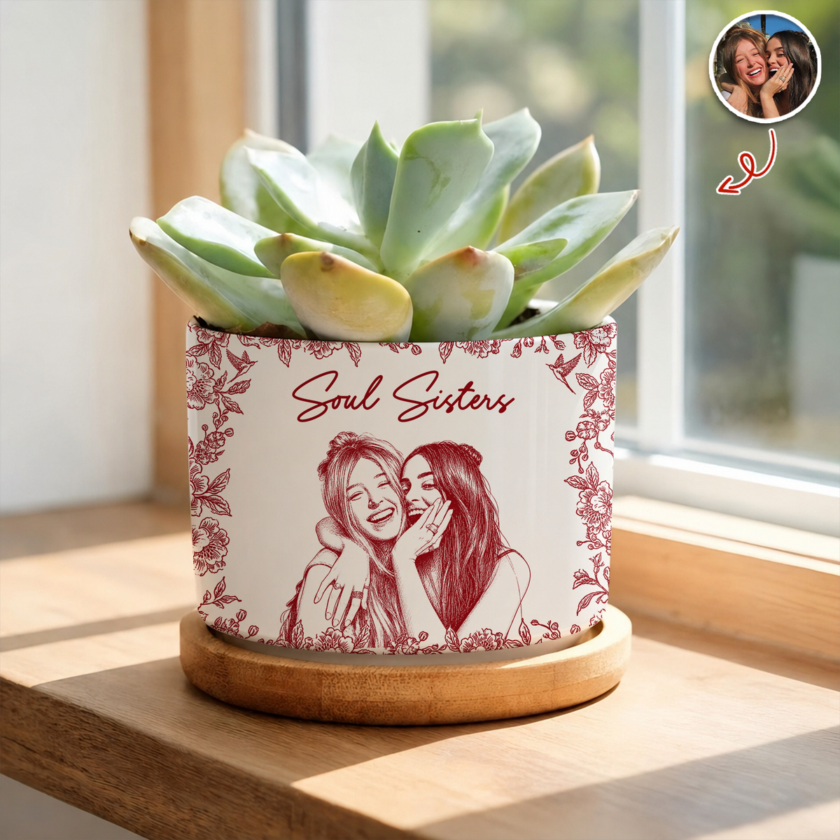 Custom Photo Pencil Sketch Soul Sister Toile Style Plant Pot – Personalized Gift for Besties HA75 921936