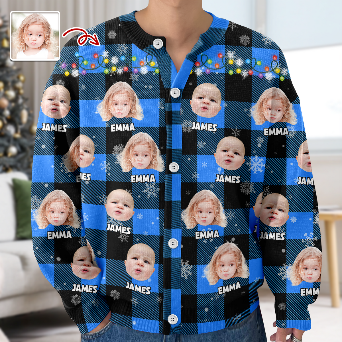 Custom Kids Photo Name Christmas Light Snow Cardigan CH07 896188