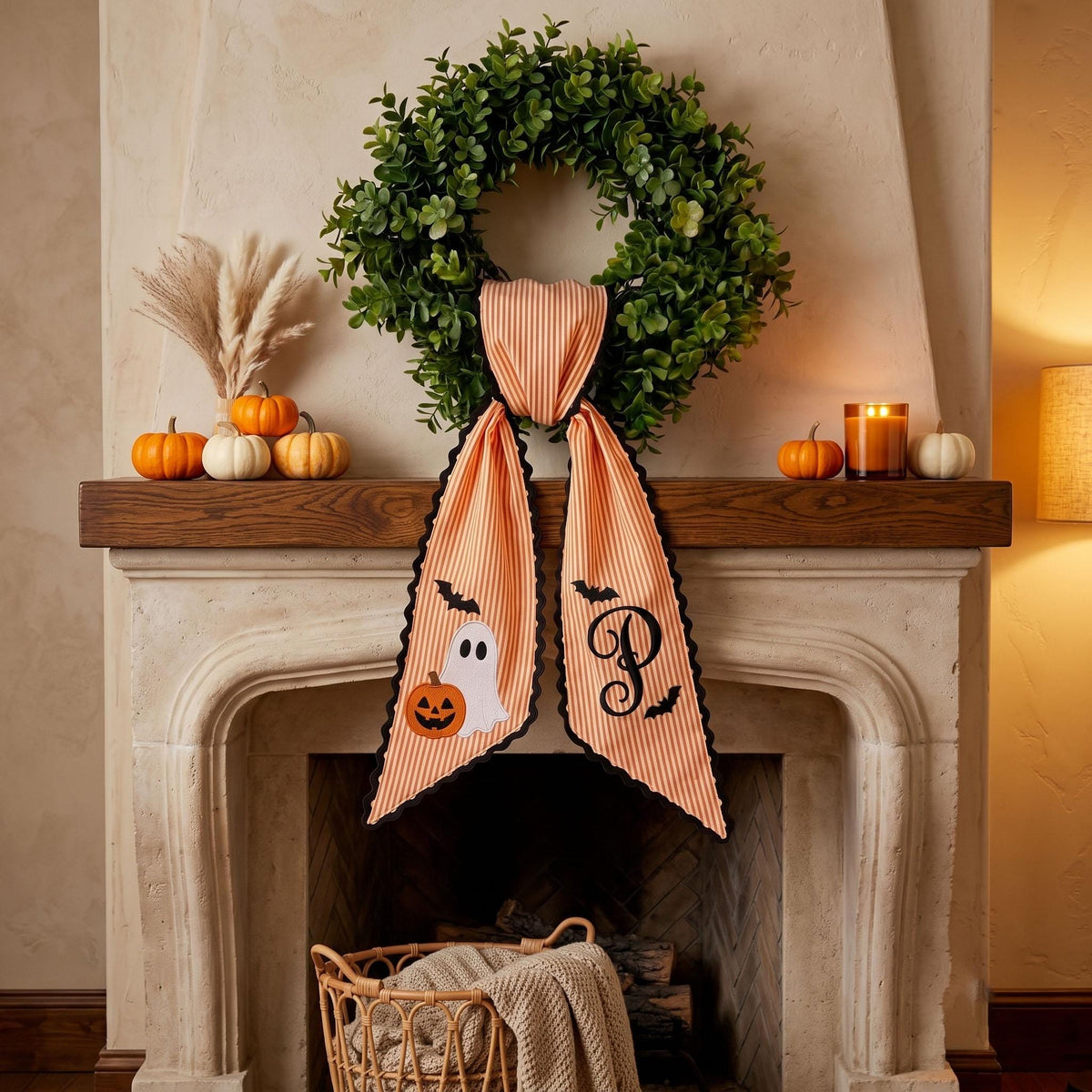 Personalized Embroidered Initial Halloween Ghost With Bat Wreath Sash LM32 669805
