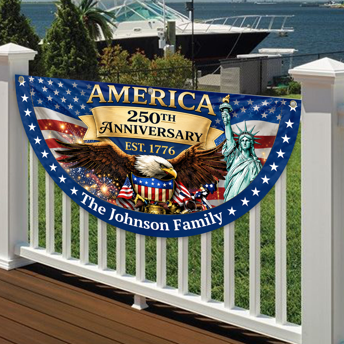 Custom Family Name USA 250th Anniversary Eagle Non-Pleated Fan Flag LM32 669171