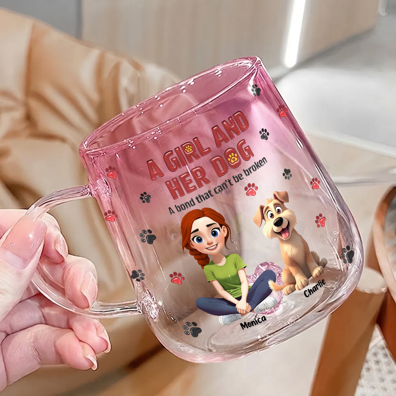 Personalized A Girl And Her Dog Pink Gradient Glass Mug - Gift For Dog Mom, Mother's Day HO82 901760