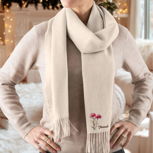 Personalised Name Birth Flower Soft Warm Tassel Scarf, Winter Accessory Anniversary Birthday Gift for Women Men HO82 900752