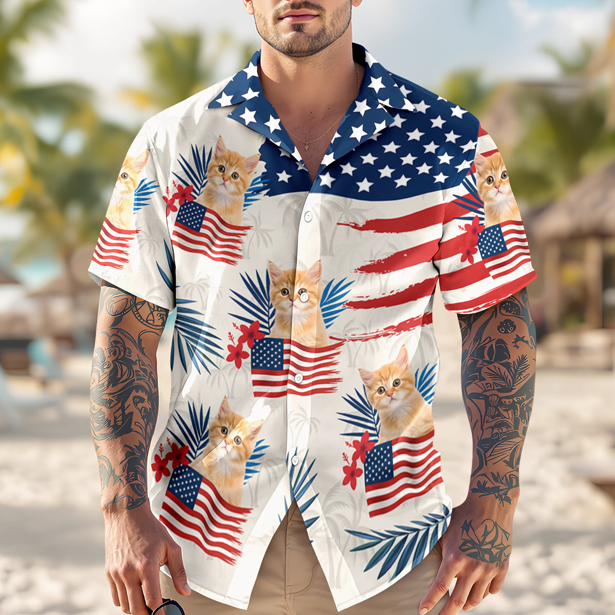 Custom Dog Cat Photo American Flag Hawaiian Shirt 4th of July Gift CH07 896110