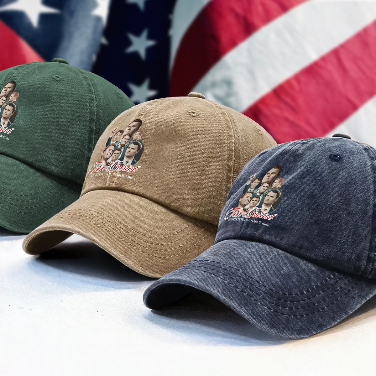 True Patriot Rest In Power Charlie Kirk Washed Denim Baseball Cap HO82 65814