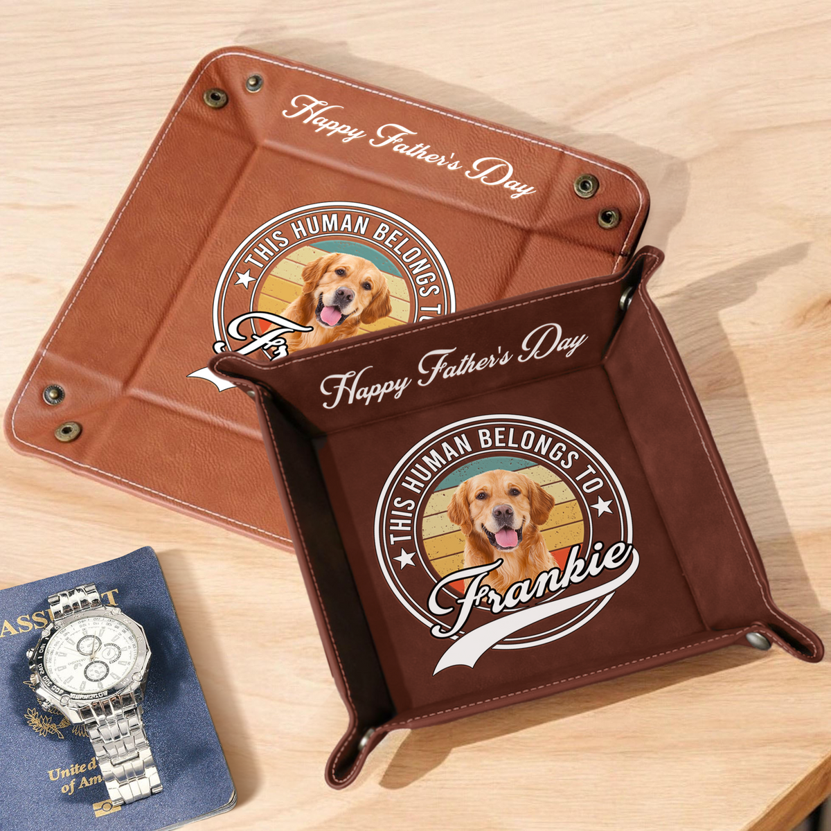 Custom Photo Human Belongs To Dog Happy Father's Day Leather Valet Tray LM32 893611