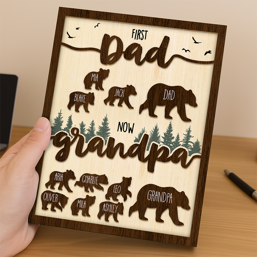 Papa Bear With Kid Name Family 2-Layered Wooden Plaque With Stand Personalized Gift For Father's Day, Dad HO82 894042