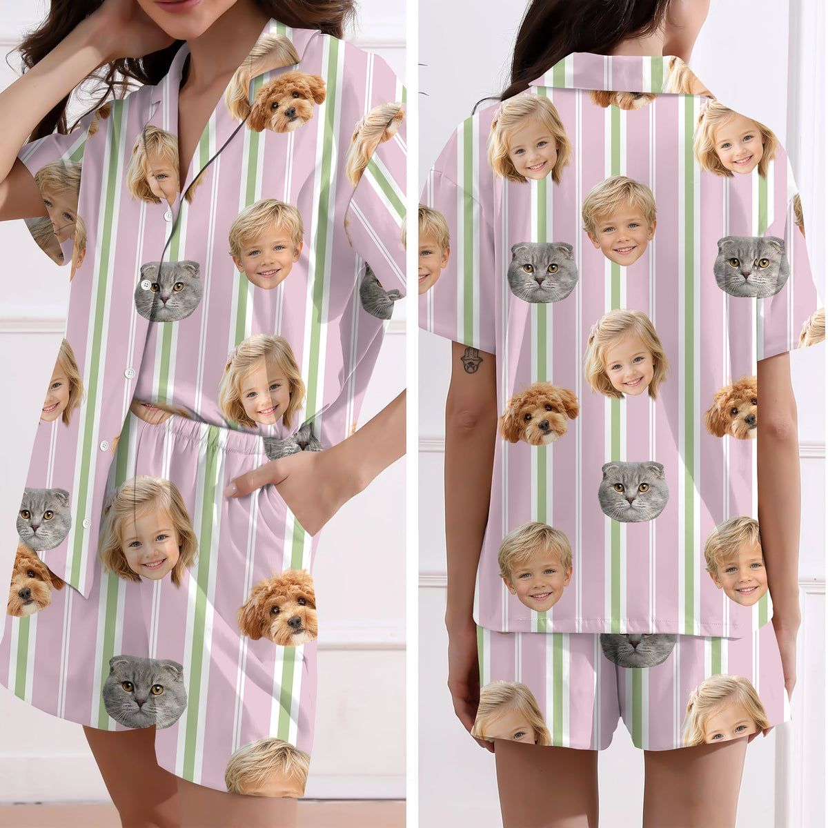 Custom Funny Face Striped Short Pajamas, Personalized Matching Family Sleepwear LM32 669823