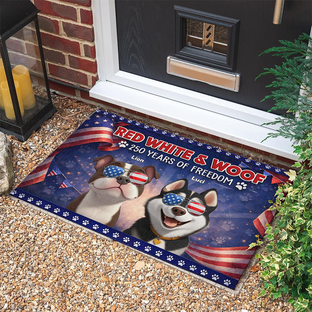 Personalized Cute Dog Red White Woof 250 Years Of Freedom Doormat TH10 169055
