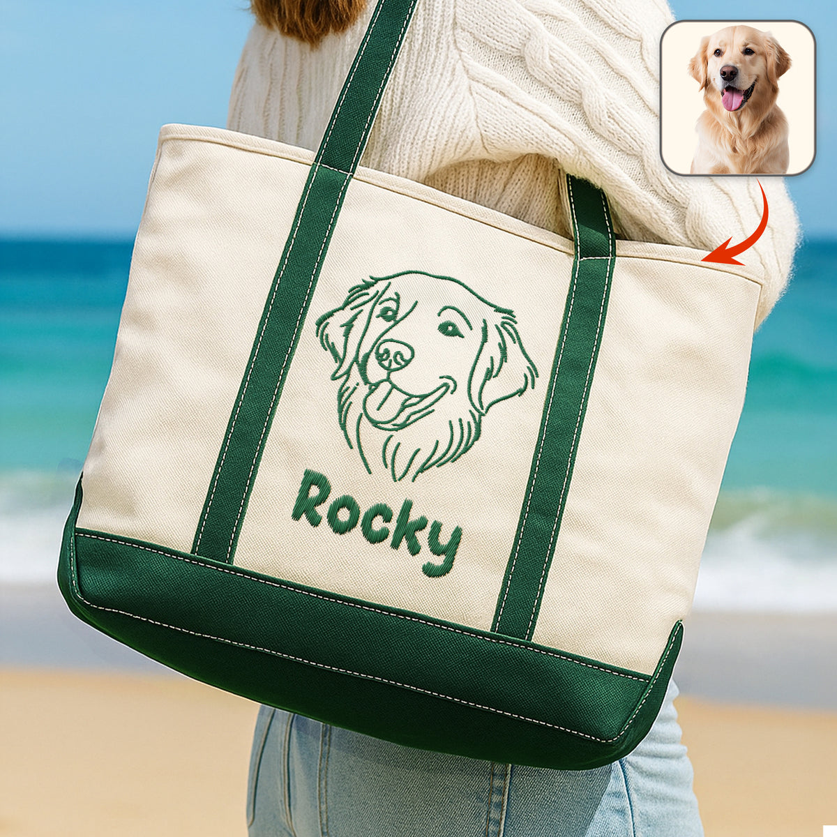 Custom Pet Face With Drawing Style Embroidered Monogram Beach Bag HO82 894244