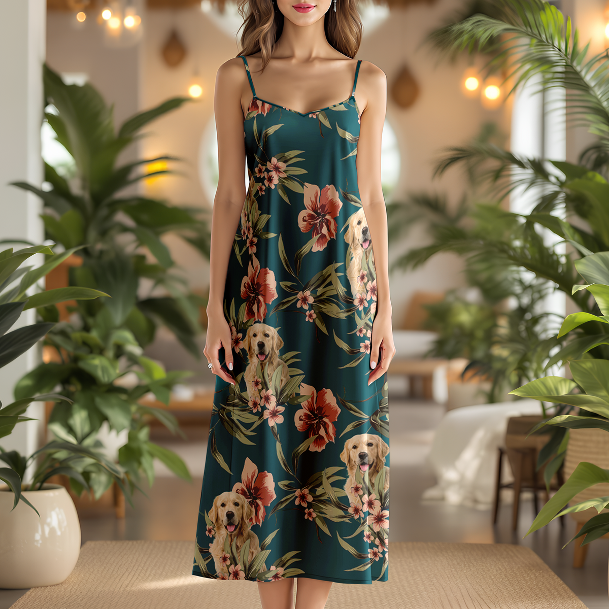 Custom Cute Dog Photo With Floral Pattern Women's V-neck Cami Maxi Dress LM32 893313