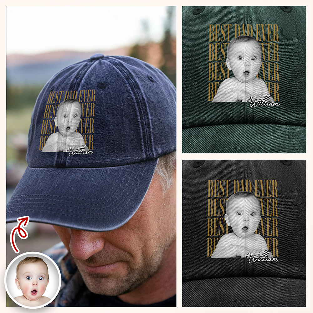 Personalized Vintage Photo Best Dad Mom Ever Washed Denim Baseball Cap HA75 921434