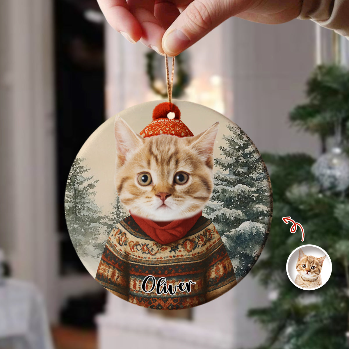 Custom Dog Cat Photo With Winter Outfits Ceramic Ornament Personalized Gift For Pet Lovers HO82 894932
