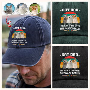 Custom Photo Cat Dad The Man The Myth The Snack Dealer - Personalized Washed Denim Baseball Cap CH07 896580