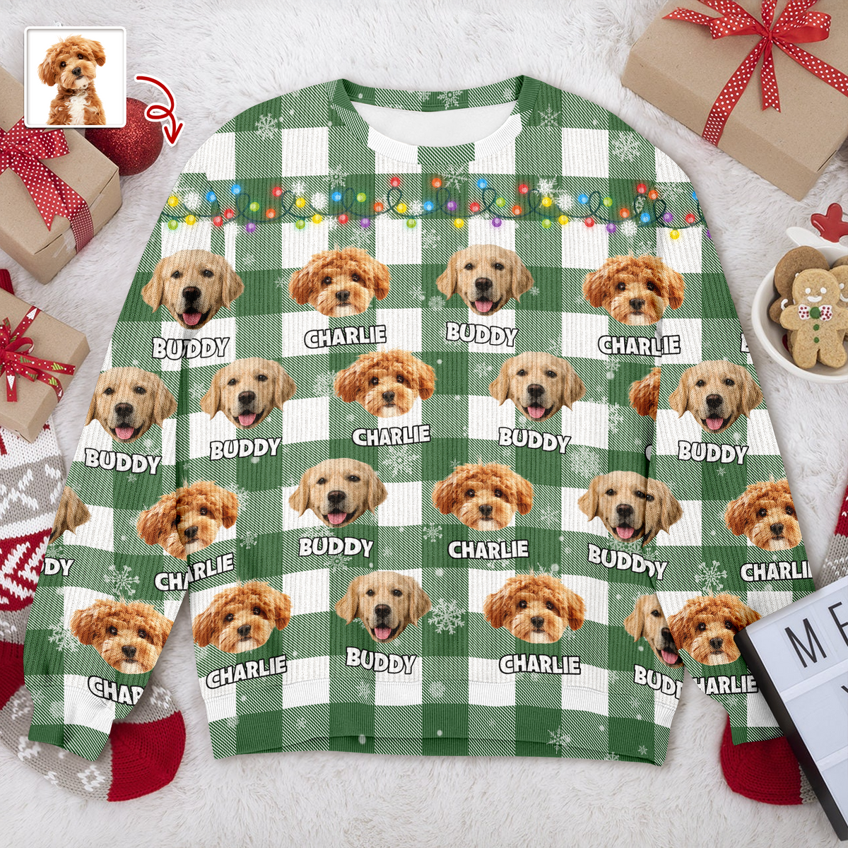 Custom Dog Photo Name Snow Christmas Light Holiday Ugly Sweater CH07 896368