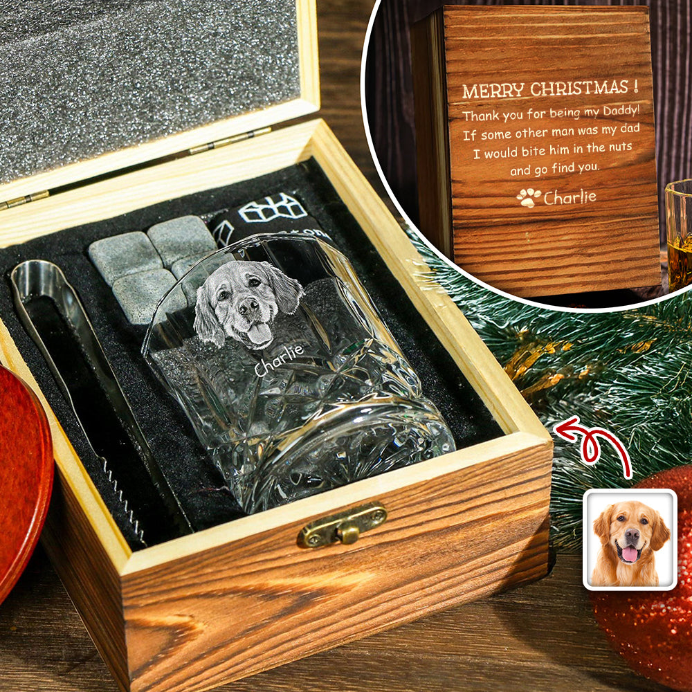 Custom Dog Photo Thank You For Being My Daddy Christmas Gift Engraved Whiskey Glass Set with Wooden Box HA75 898028