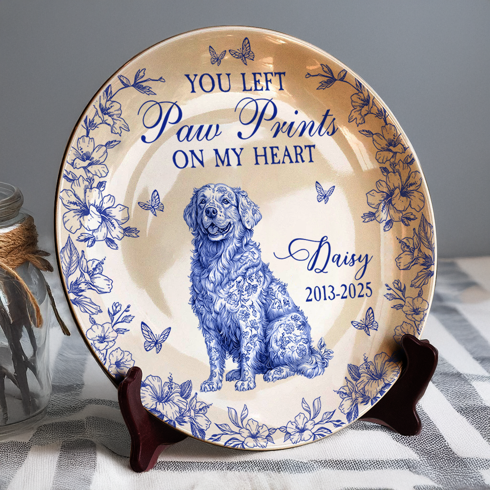 Custom Dog Breeds You Left Paw Prints On My Heart Chinoiserie Toile De Jouy Style Personalized Memorial Ceramic Plate HA75 892652