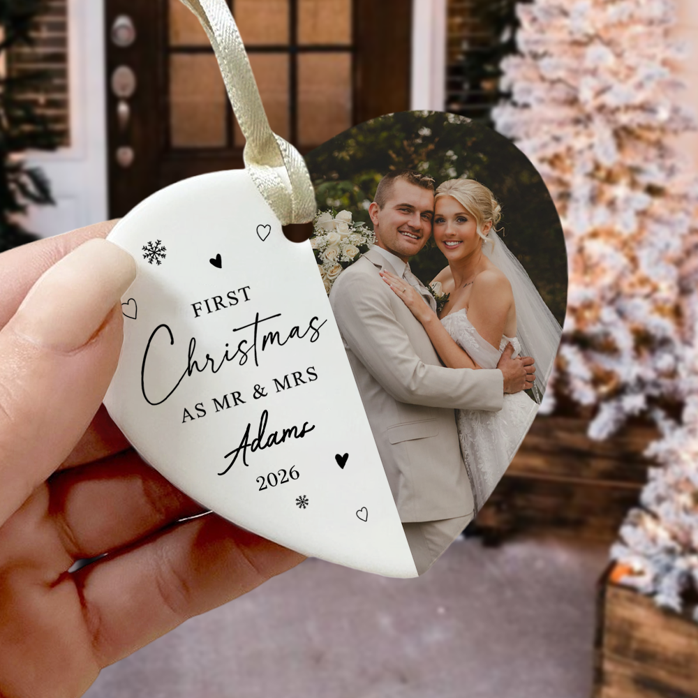 Custom Photo First Christmas as Mr & Mrs Heart shaped Ceramic Ornament Christmas Married Bauble Gift HO82 903424