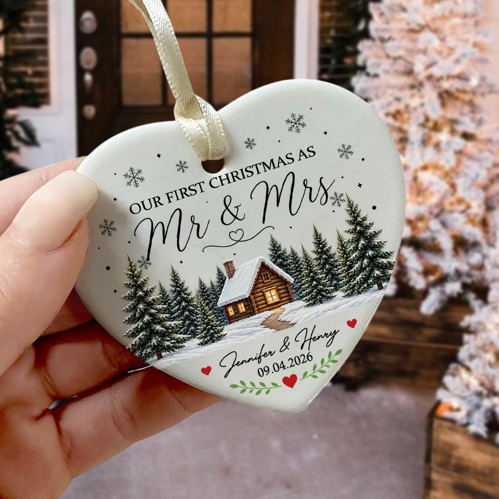 Custom Name Winter Cabin Our First Christmas As Mr & Mrs Married Ceramic Ornament, Newlywed Gift LM32 669871