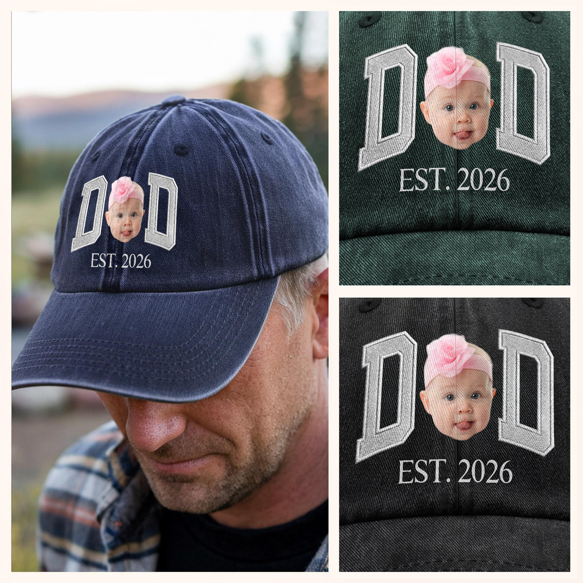 Custom Photo Face Dad Est. Washed Denim Baseball Cap HA75 921350