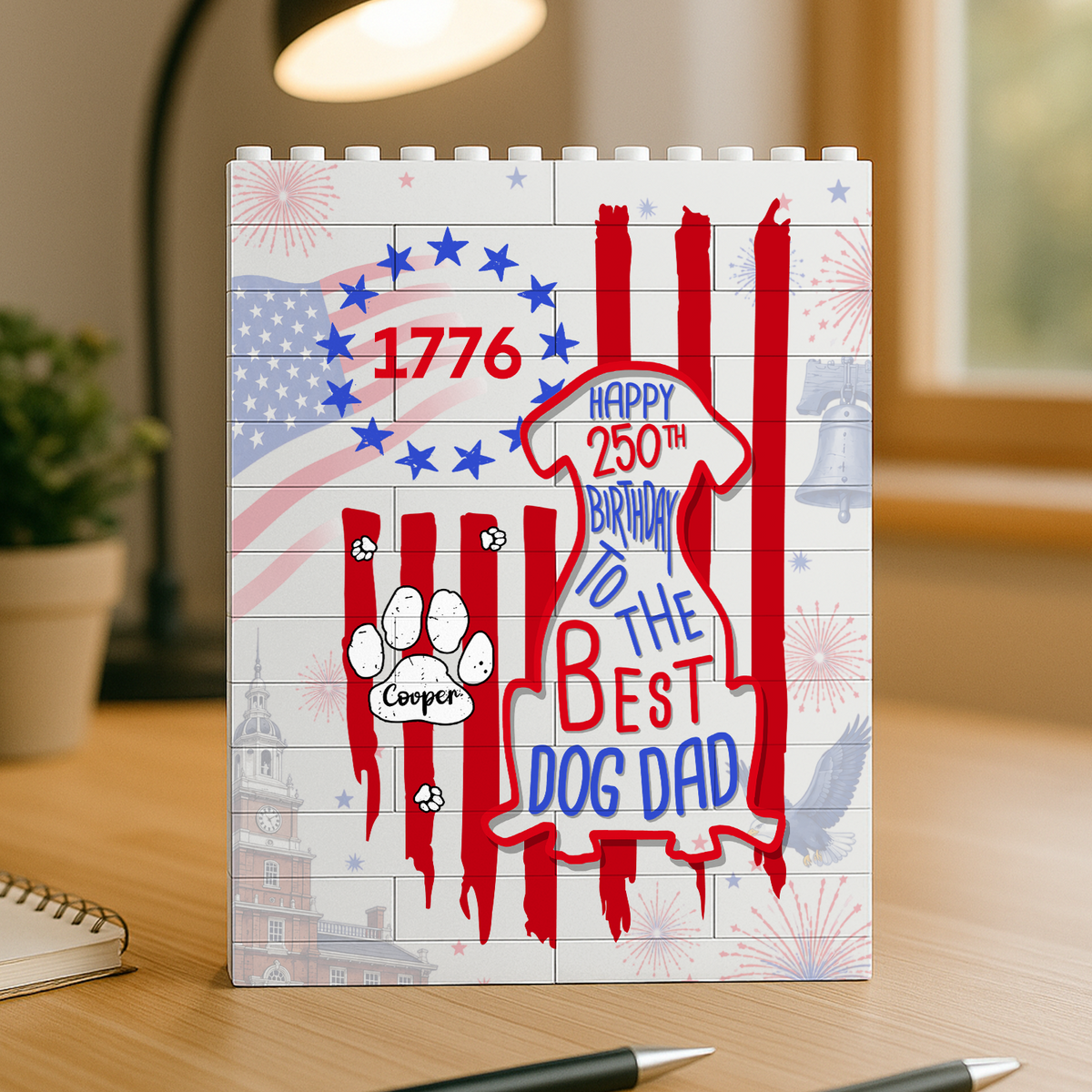 Custom Name Happy 250th Birthday To Best Dog Dad Dog Mom America Flag Building Brick Block LM32 669329